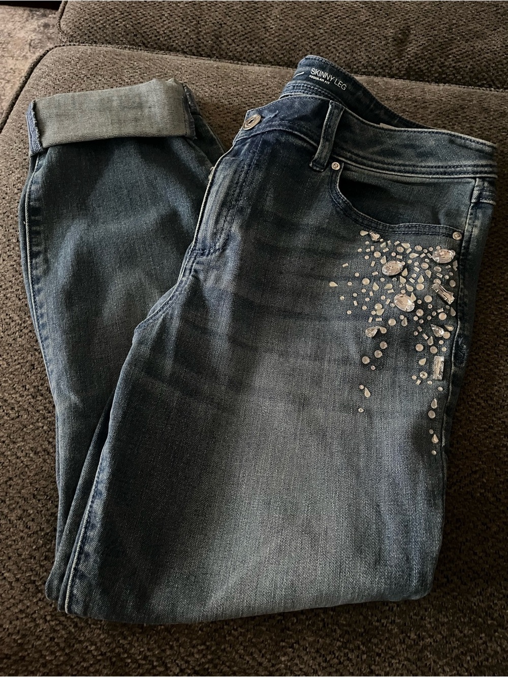 INC International Concepts Dark Blue Skinny Jeans with Crystal Accents - Picture 2 of 4